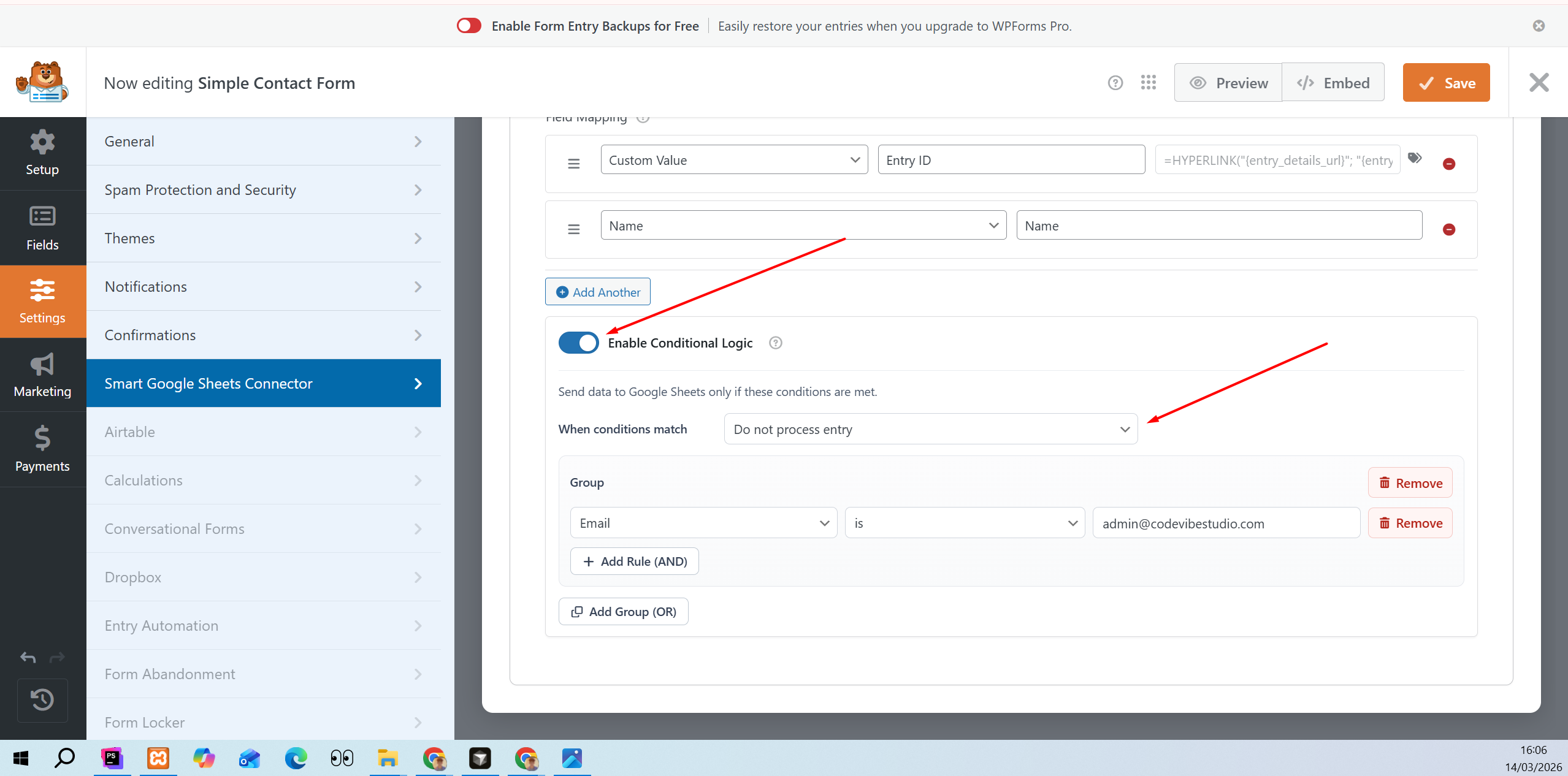 Conditional logic settings