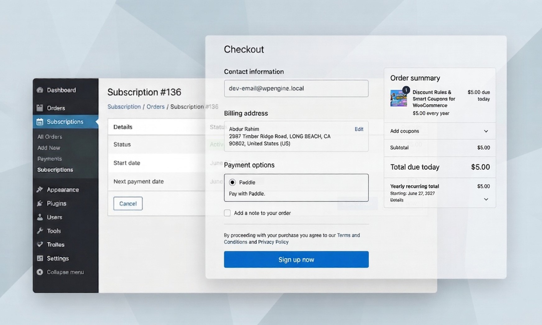 WooCommerce subscription customer details